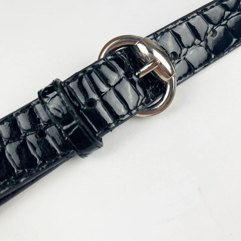 Chico’s Black Embossed Patent Leather Belt Silver Accents